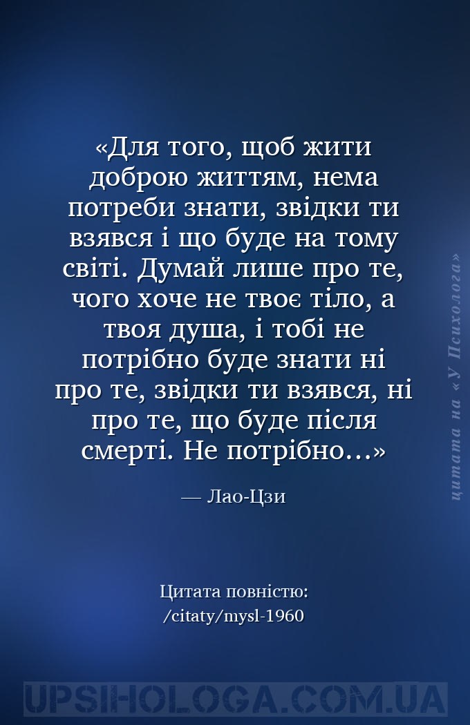 Для того, щоб жити доброю життям, нема потреби знати, звідки ти взявся і що... — Лао-Цзи